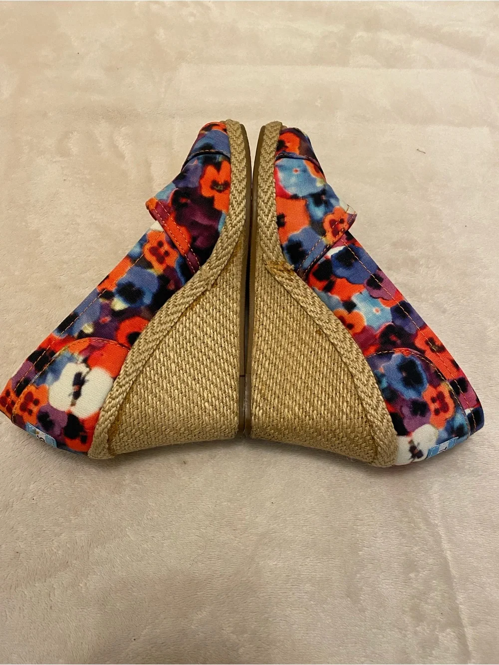 TOMS Orange Multicolored Floral Peep-Toe Espadrille Wedges